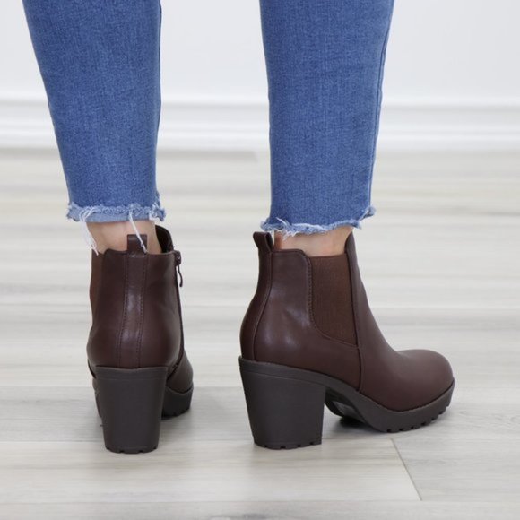 Lug Sole Ankle Boots Brown Chelsea Booties - Picture 8 of 12